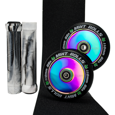 Mint Rolls 110mm Hollow Core Wheels Grips & Tape Pack Oil Slick/Black White