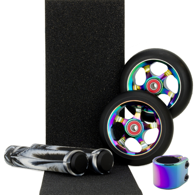 Scooter Crew Metal Core 100mm Oil Slick Wheels and Clamp + Black White Grips + Tape Pack