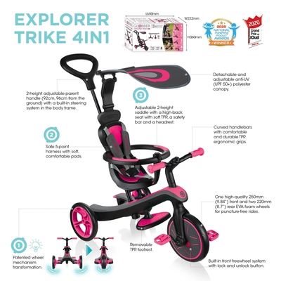Product thumbnail for Globber Explorer Trike 4 in 1 - Fuchsia Pink