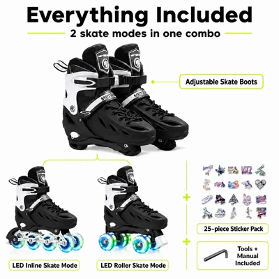 Product image thumbnail for Metroller 2 in 1 LED Inline Roller Skate Combo - Black