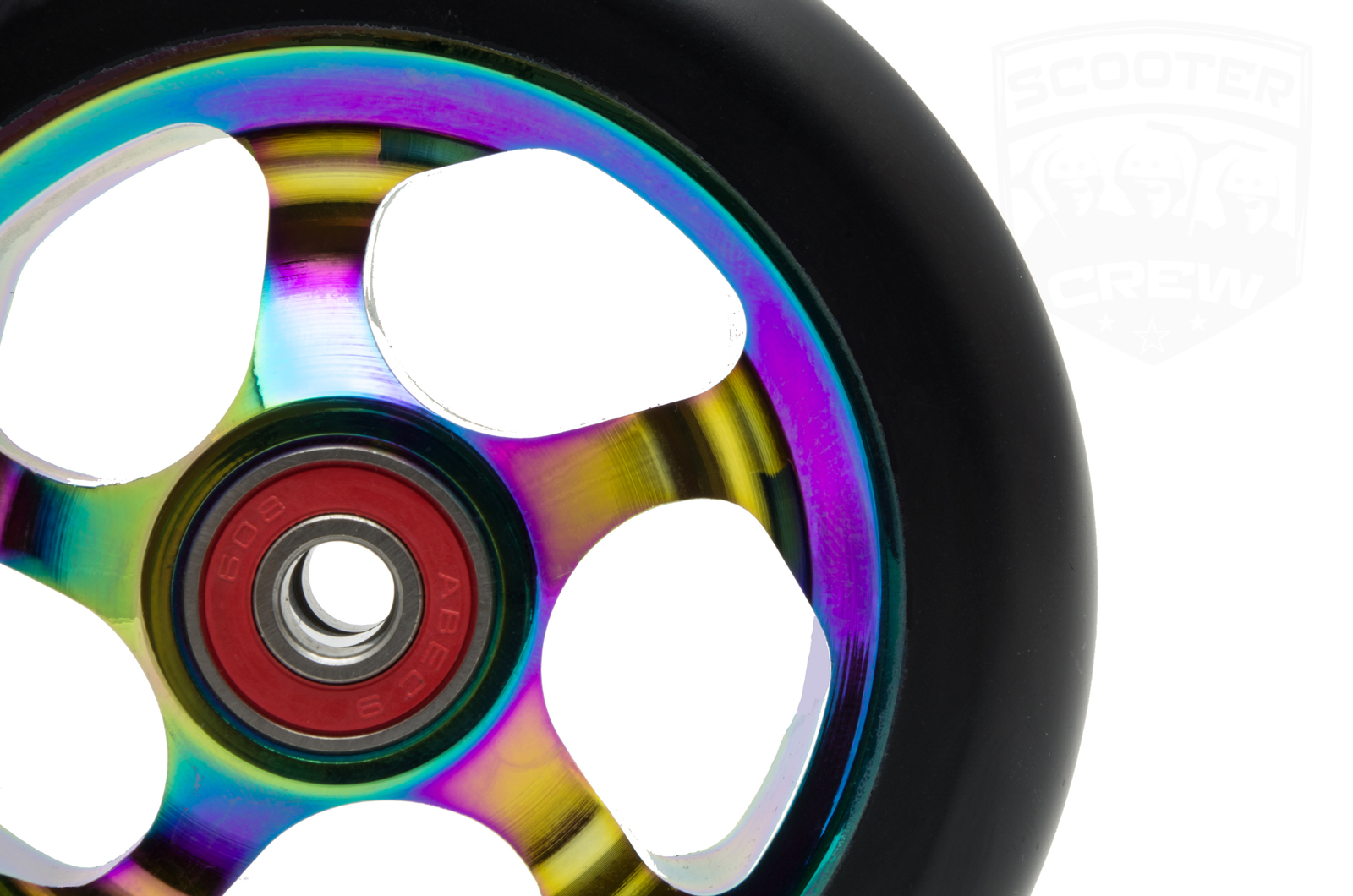 Metal Core 100mm NeoChrome Oil Slick Scooter Wheels +Bk Wht Aq Grips + Bk Pegs