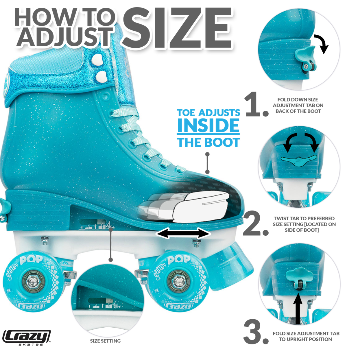Crazy Skates Glitter Pop Adjustable Roller Skates Teal