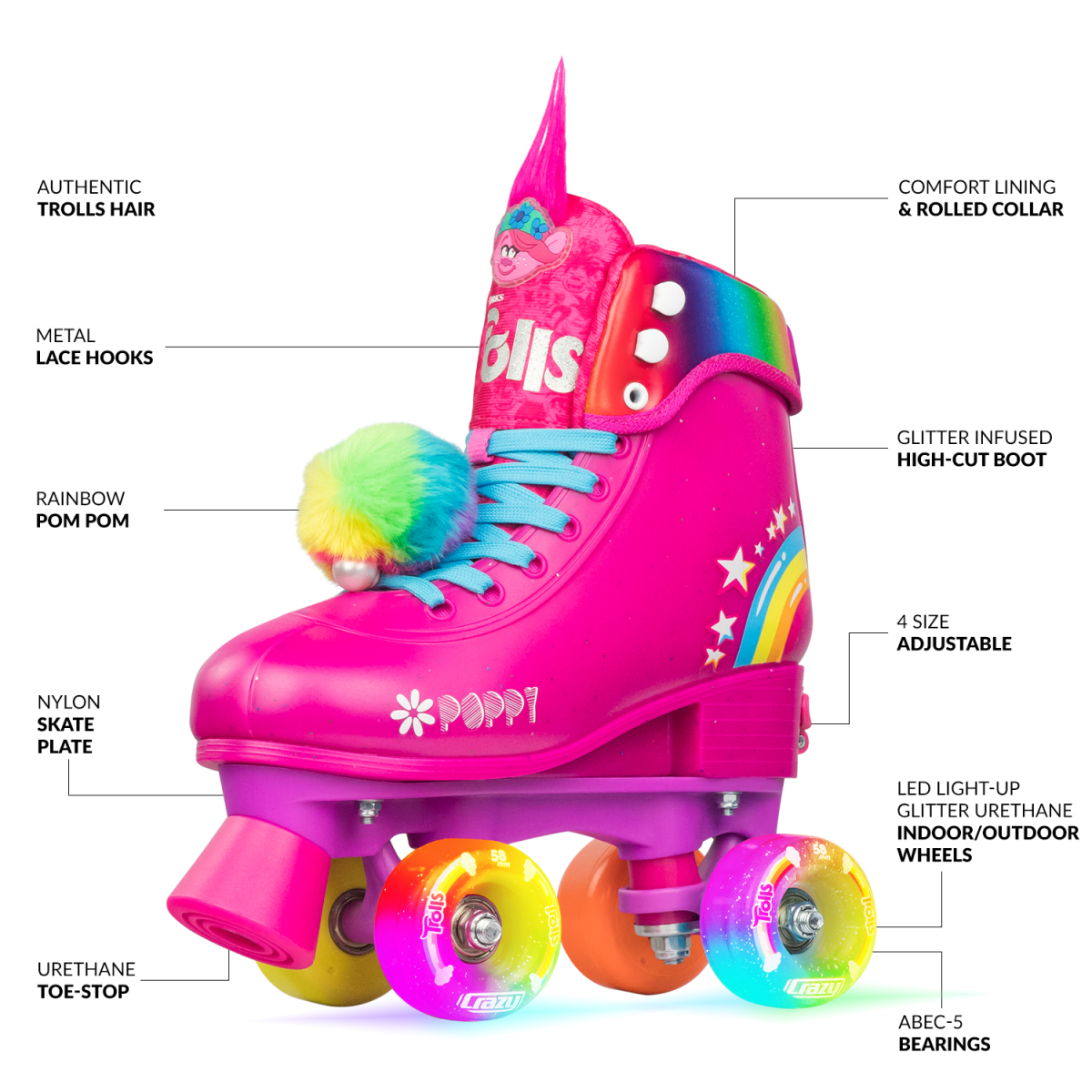 Crazy Skates Trolls Adjustable Roller Skates Poppy Pink