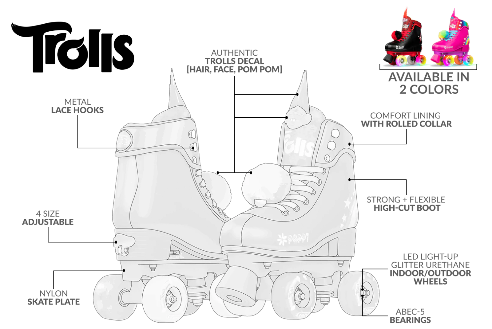 Crazy Skates Trolls Adjustable Roller Skates Poppy Pink