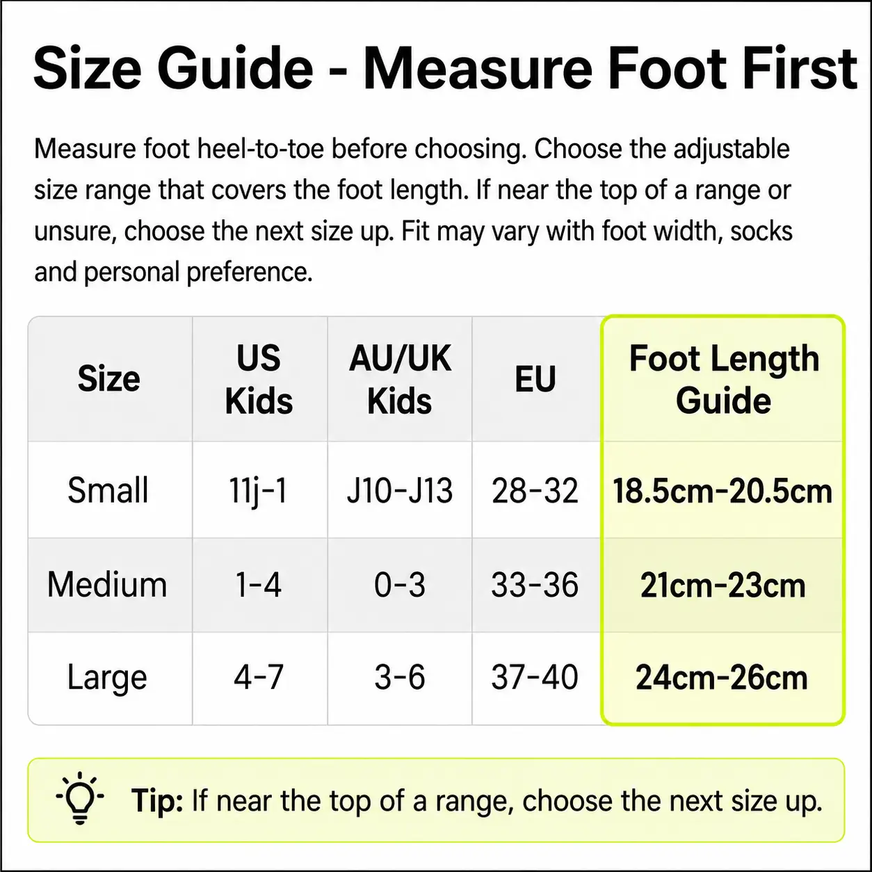 Metroller 2 in 1 LED Inline Roller Skate Combo Size Chart