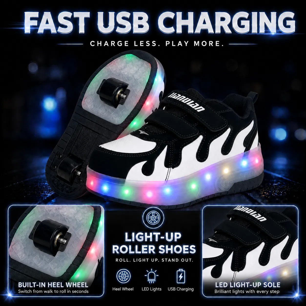 Black Flame LED Roller Sneakers Charging