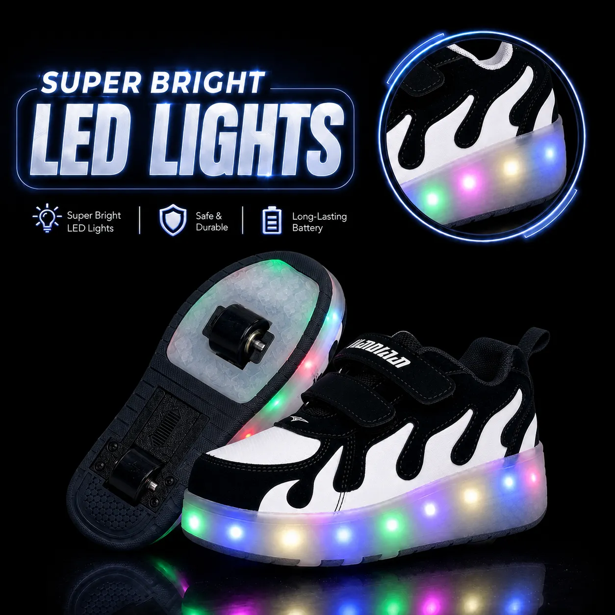 Black Flame LED Roller Sneakers Features