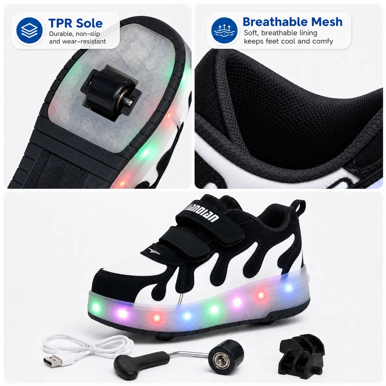 Black Flame LED Roller Sneakers Light Up Details