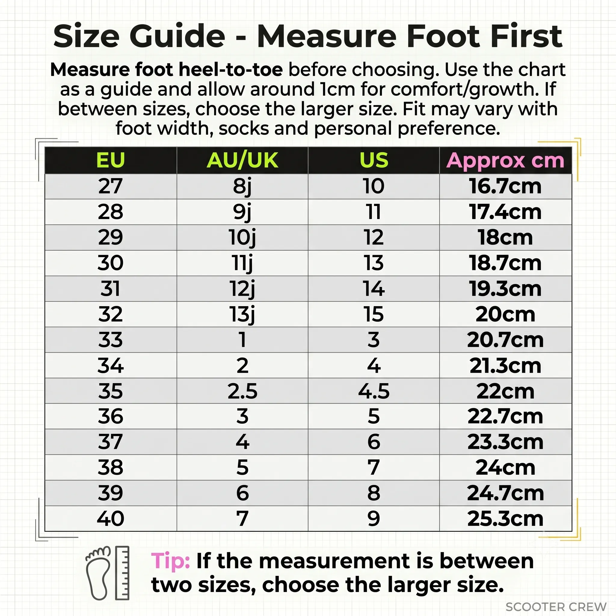 Roller Sneakers Size Chart