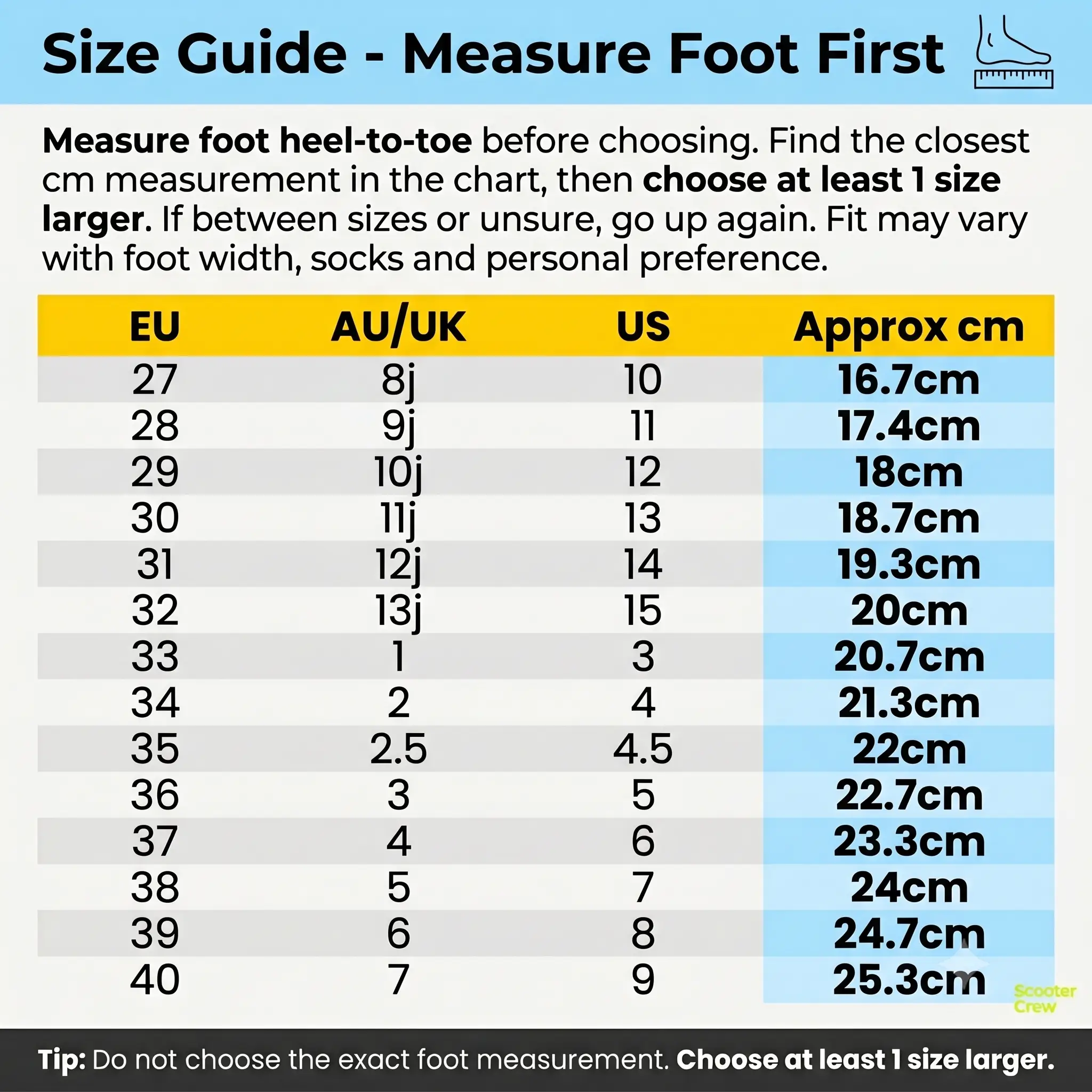 Roller Sneakers Size Chart