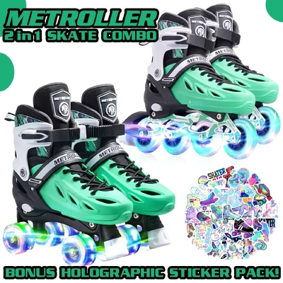 Thumbnail of Metroller 2 in 1 LED Inline Roller Skate Combo - Green - Small 17.5cm-20cm