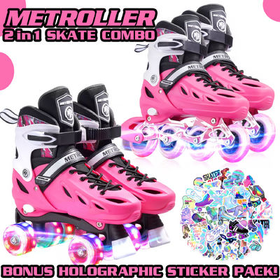 Metroller 2 in 1 LED Inline Roller Skate Combo - Pink
