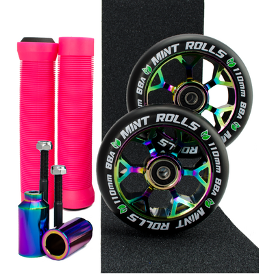Mint Rolls 110mm Wheels Grips Pegs Tape Pack Oil Slick/Pink