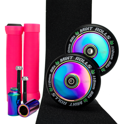Mint Rolls Hollow Core 110mm Wheels Grips Pegs Tape Pack Oil Slick/Pink