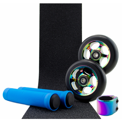 Scooter Crew Metal Core 100mm Oil Slick Wheels and Clamp + Blue Grips + Tape Pack