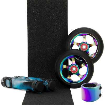 Scooter Crew Metal Core 100mm Oil Slick Wheels and Clamp + Black White Aqua Grips + Tape Pack