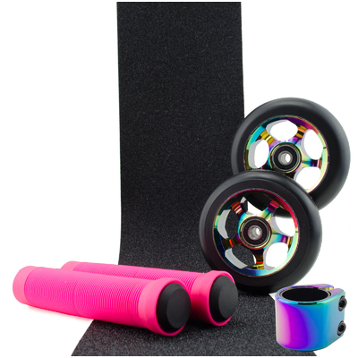 Scooter Crew Metal Core 100mm Oil Slick Wheels and Clamp + Pink Grips + Tape Pack