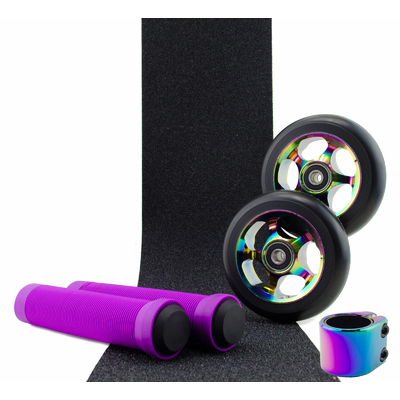 Scooter Crew Metal Core 100mm Oil Slick Wheels and Clamp + Purple Grips + Tape Pack