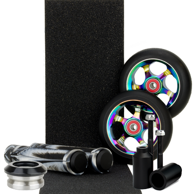 Scooter Crew MetalCore 110mm NeoChrome Wheels Black White Grips Pegs Headset  Pack