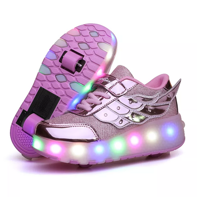 3 in 1 Dual Roller Skate Sneakers with Rechargable LED Lights - Pink Wings