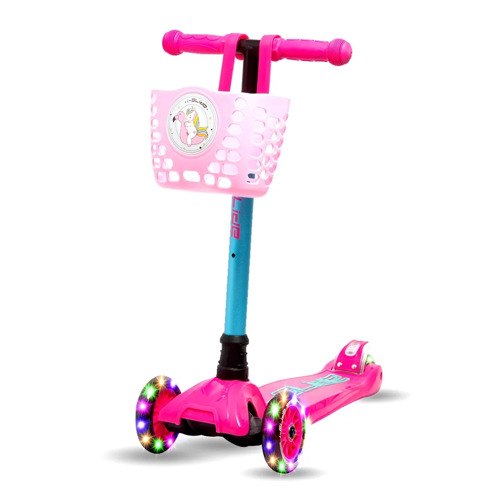 Main product image for i-Glide 3 Wheel Scooter with Unicorn Basket - Pink Aqua