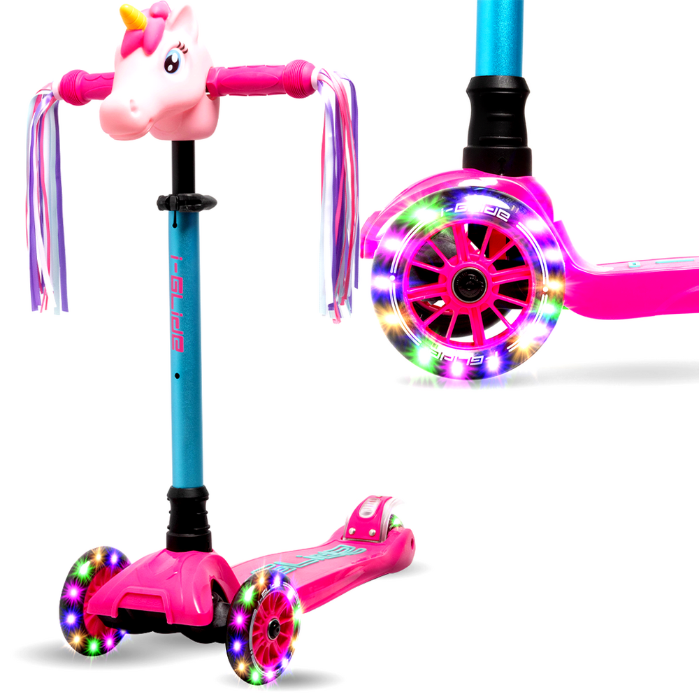 Main product image for i-Glide 3 Wheel Scooter with Unicorn Head Ribbons - Pink Aqua