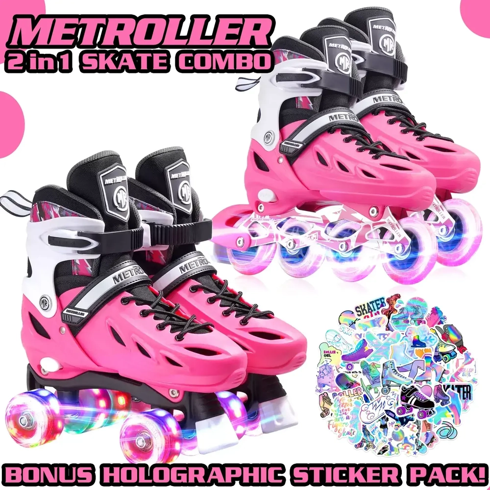 Main product image for Metroller 2 in 1 LED Inline Roller Skate Combo - Pink - Large 22.4cm-24cm