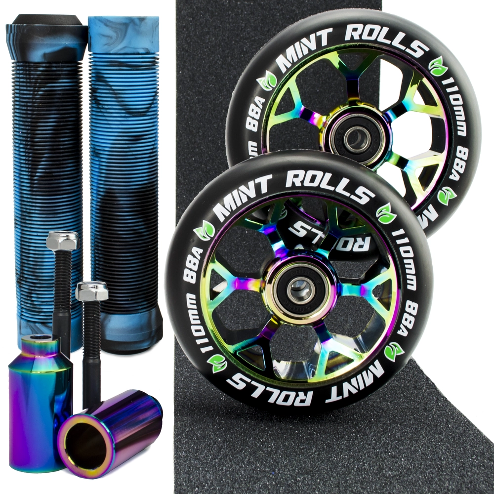 Main product image for Mint Rolls 110mm Wheels Grips Pegs Tape Pack Oil Slick/Black Aqua
