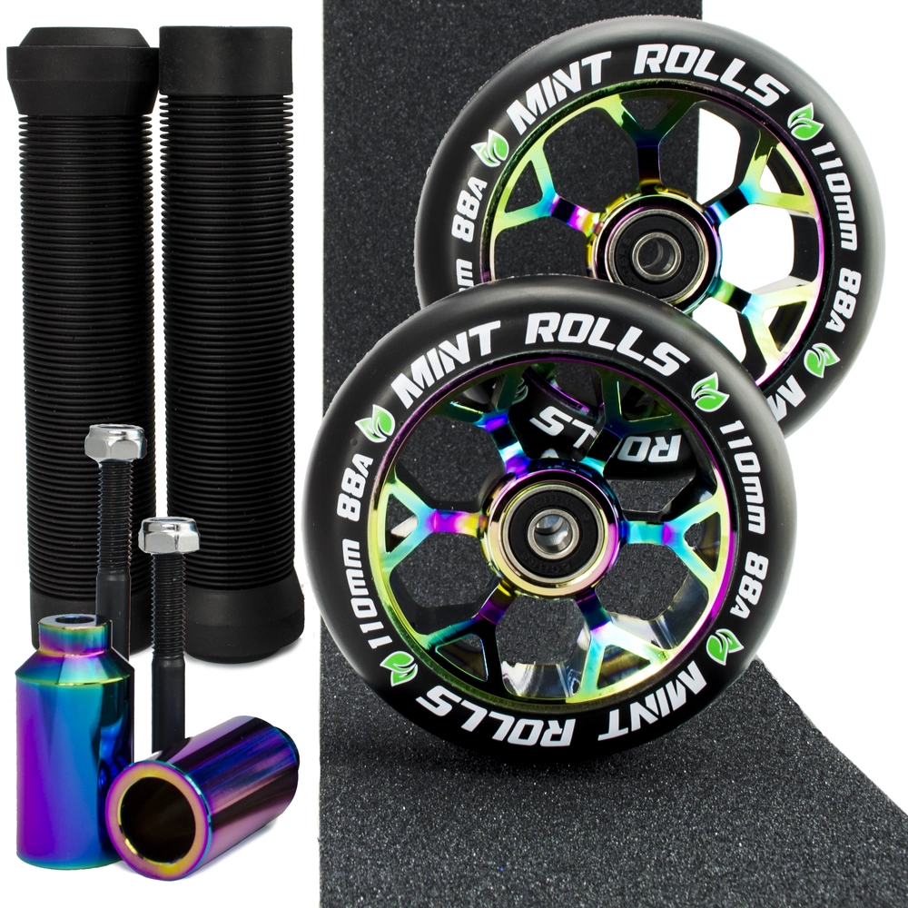 Main product image for Mint Rolls 110mm Wheels Grips Pegs & Tape Pack Oil Slick/Black