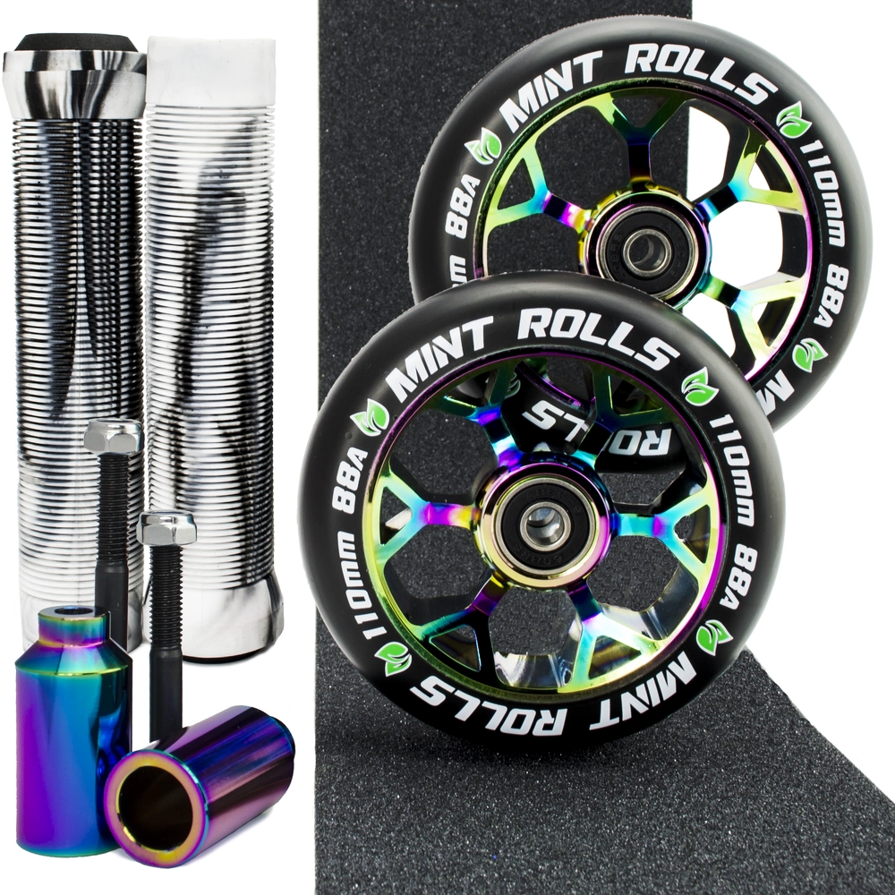 Main product image for Mint Rolls 110mm Wheels Grips Pegs Tape Pack Oil Slick/Black White