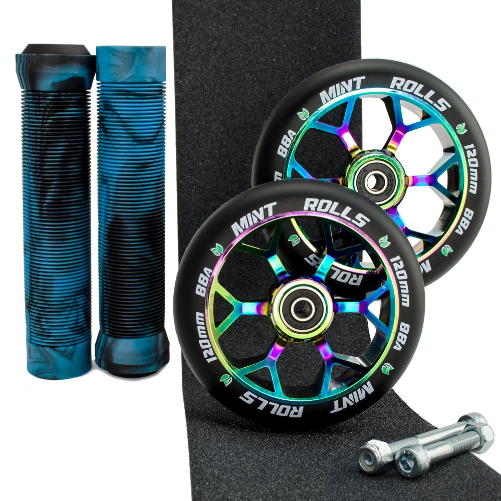 Main product image for Mint Rolls 120mm Wheels Grips & Tape Pack Oil Slick Black/Aqua