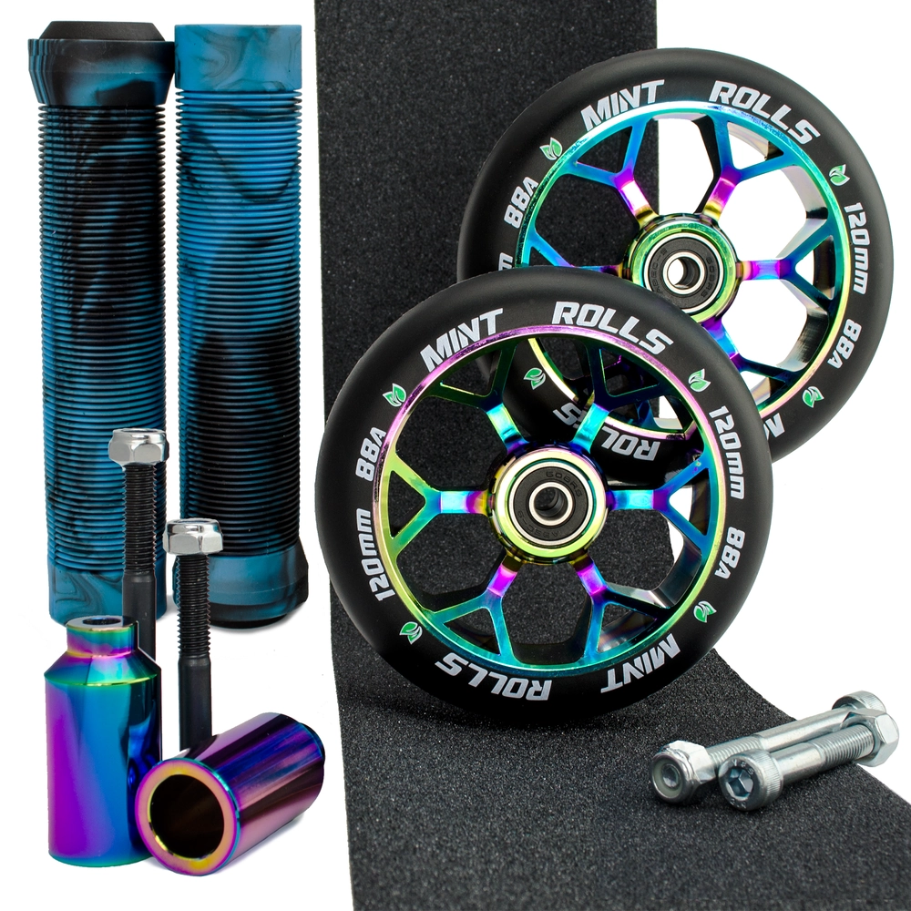 Main product image for Mint Rolls 120mm Wheels Grips Pegs Pack Oil Slick Black/Aqua