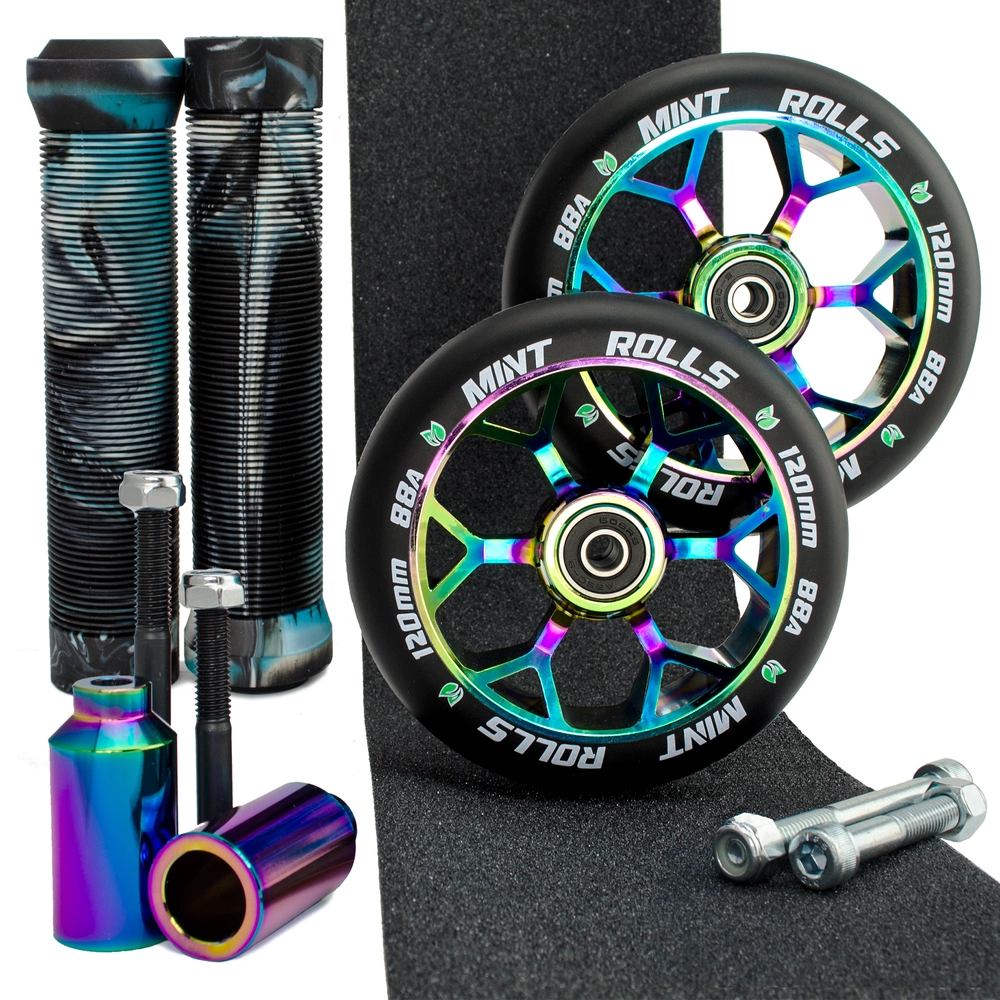 Main product image for Mint Rolls 120mm Wheels Grips Pegs Pack Oil Slick Arctic