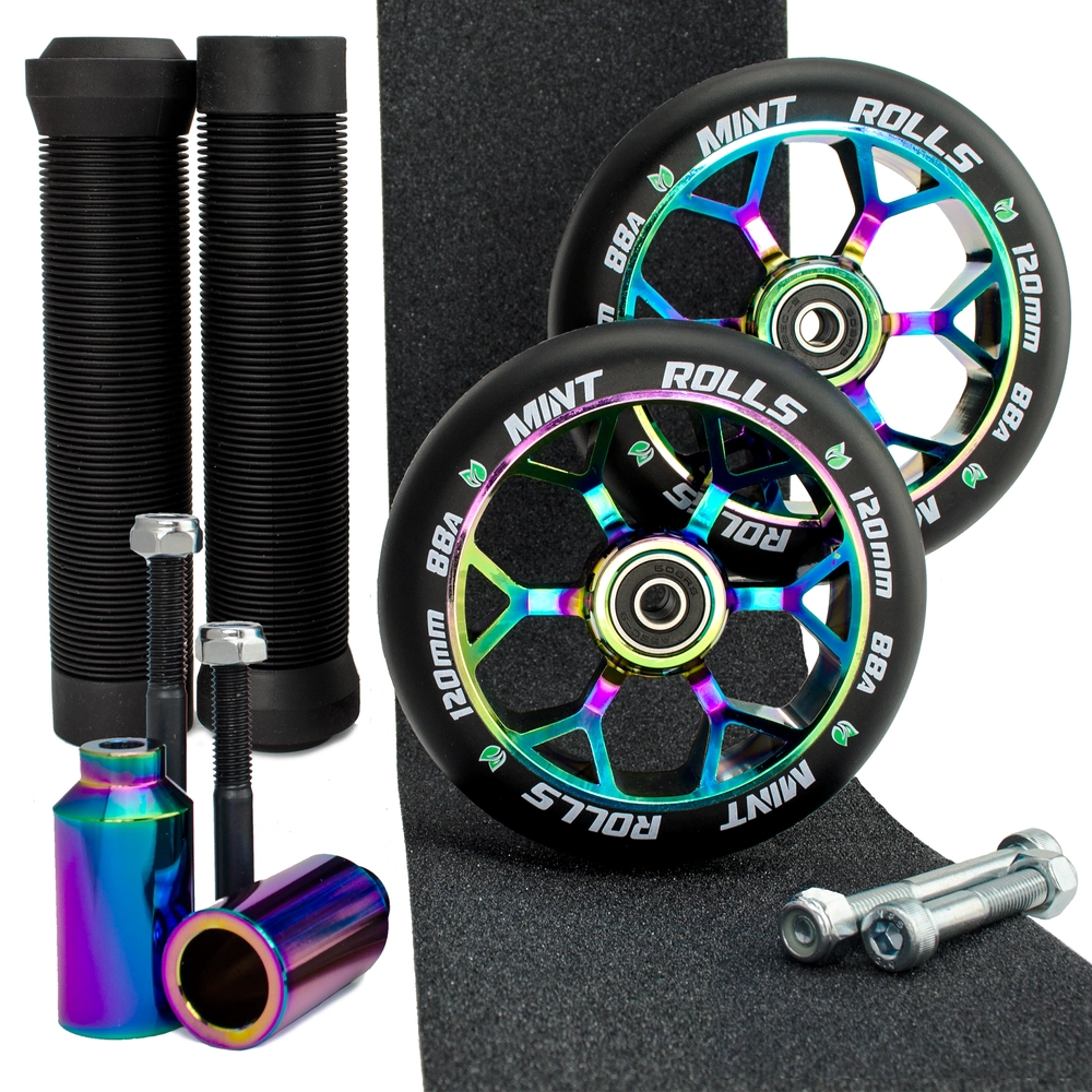 Main product image for Mint Rolls 120mm Wheels Grips Pegs Pack Oil Slick Black