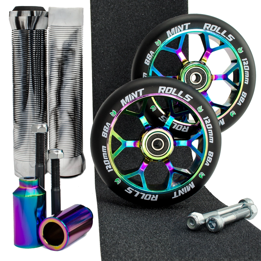 Main product image for Mint Rolls 120mm Wheels Grips Pegs Pack Oil Slick Black/White