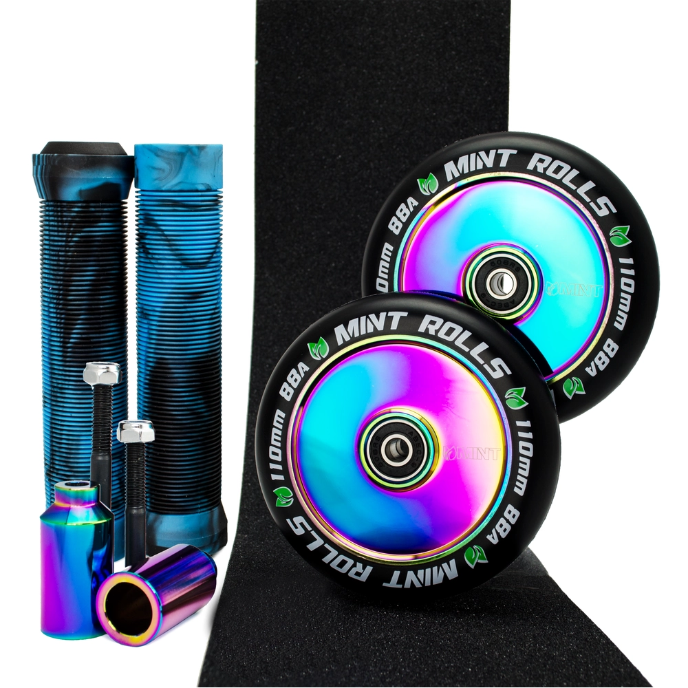 Main product image for Mint Rolls Hollow Core 110mm Wheels Grips Pegs Tape Pack Oil Slick/Black Aqua