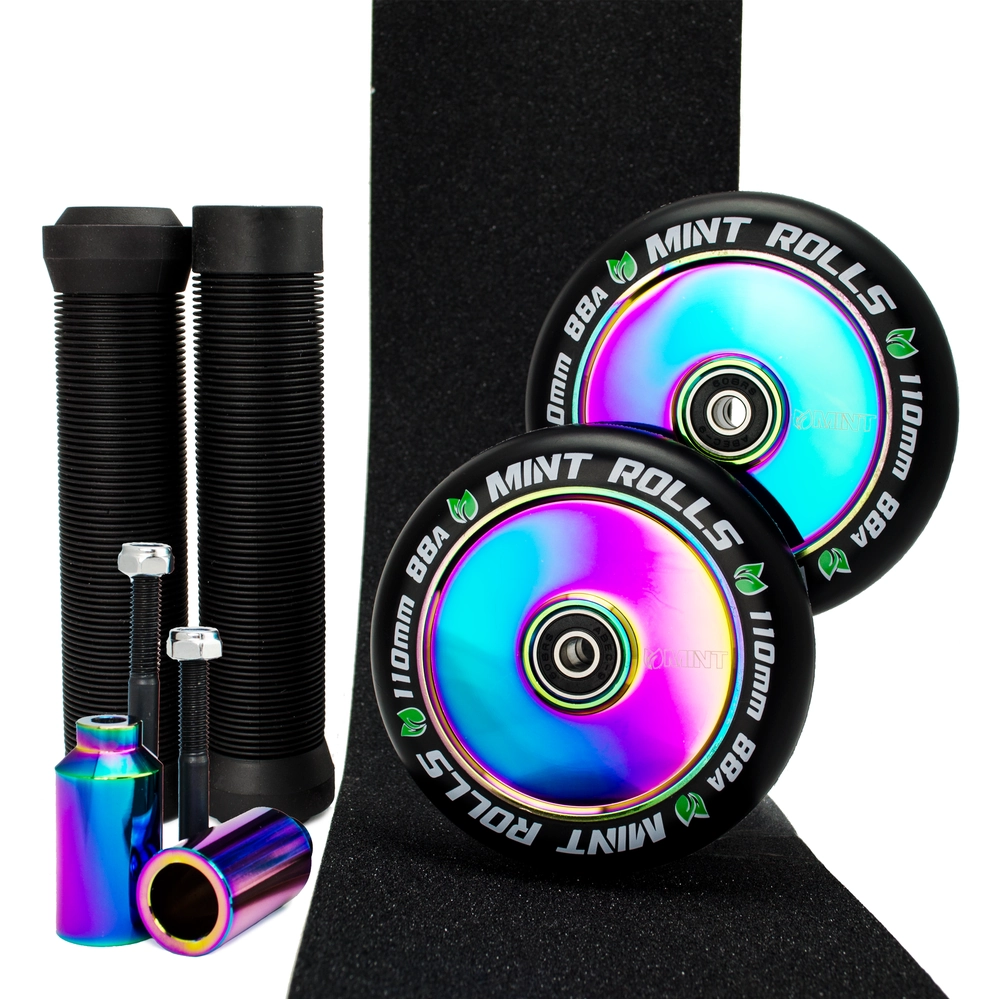 Main product image for Mint Rolls 110mm Hollow Core Wheels Grips Pegs Tape Pack Oil Slick/Black