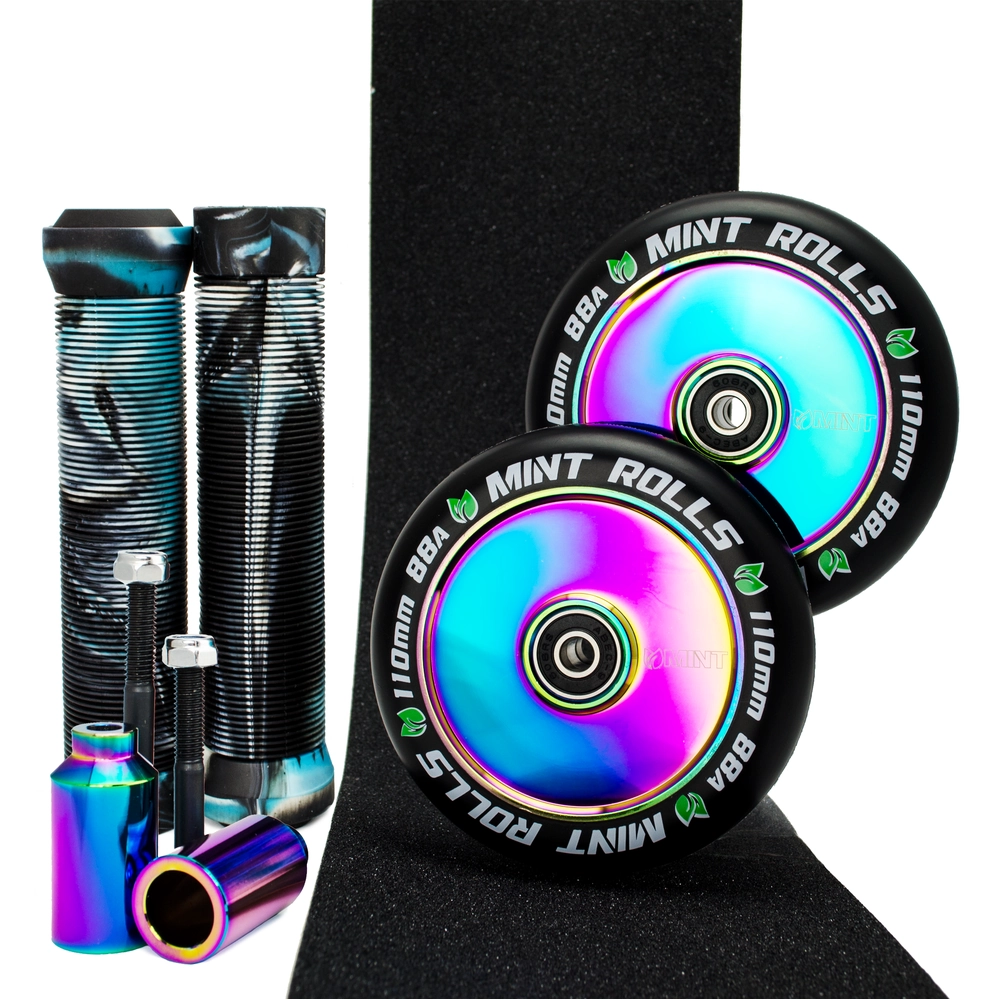 Main product image for Mint Rolls Hollow Core 110mm Wheels Grips Pegs Tape Pack Oil Slick/Arctic