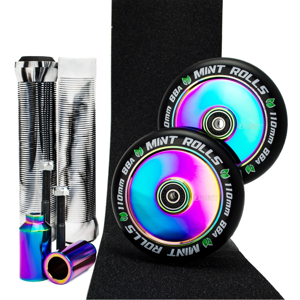 Main product image for Mint Rolls Hollow Core 110mm Wheels Grips Pegs Tape Oil Slick/Black White
