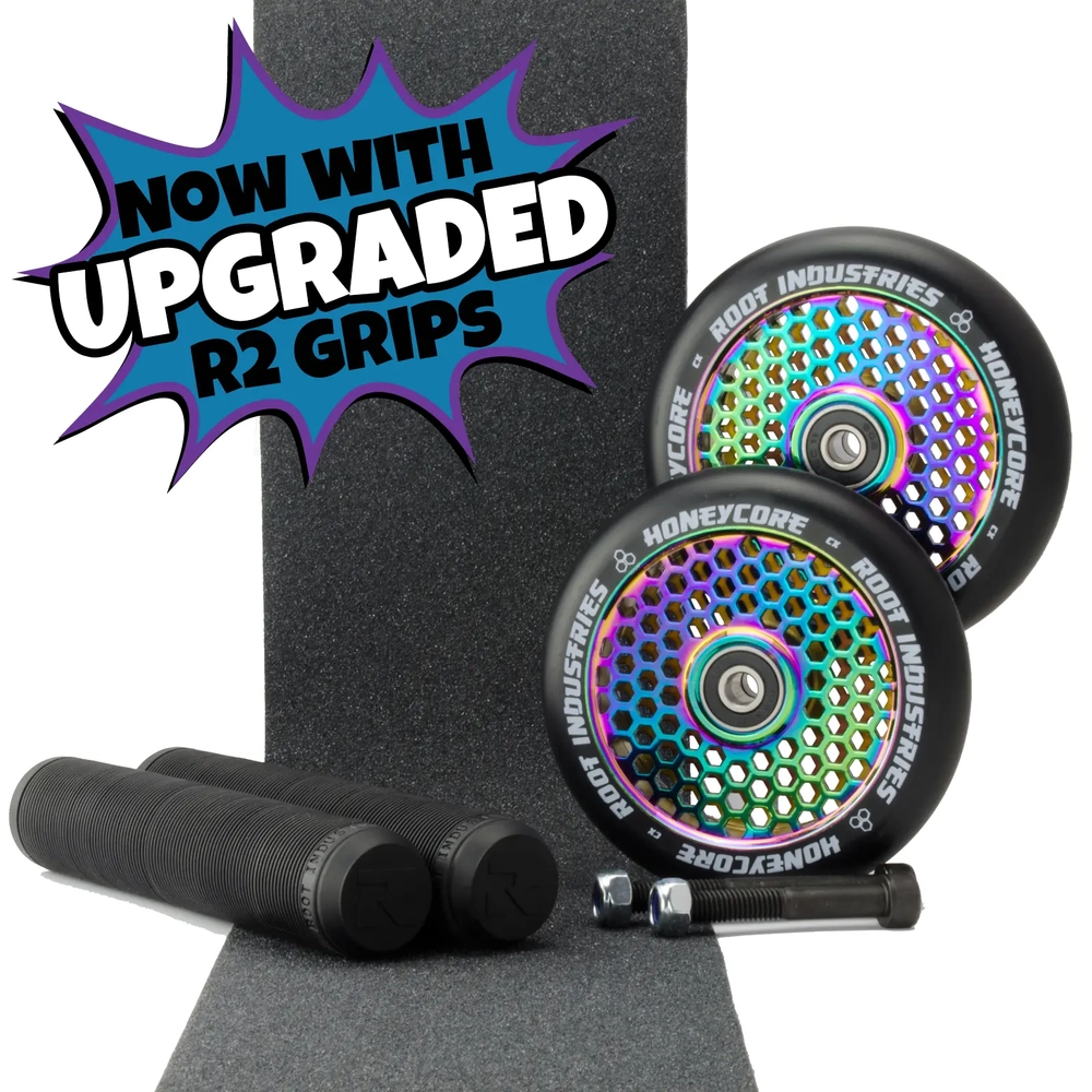 Main product image for Root Industries Honeycore 110mm NeoChrome Wheels +Black Grips Pack