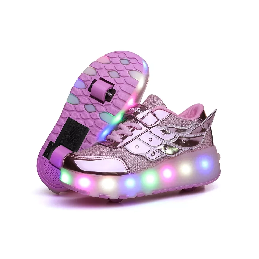 Main product image for 3 in 1 Dual Roller Skate LED Sneakers Pink Wings - Size: EU27 = AU8j = US10